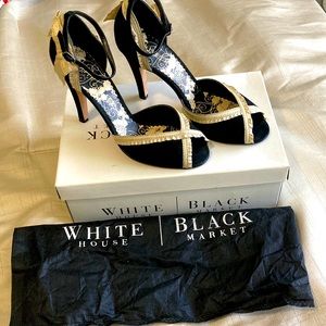 White House, Black Market Black Suede Peep-toe with satin edges